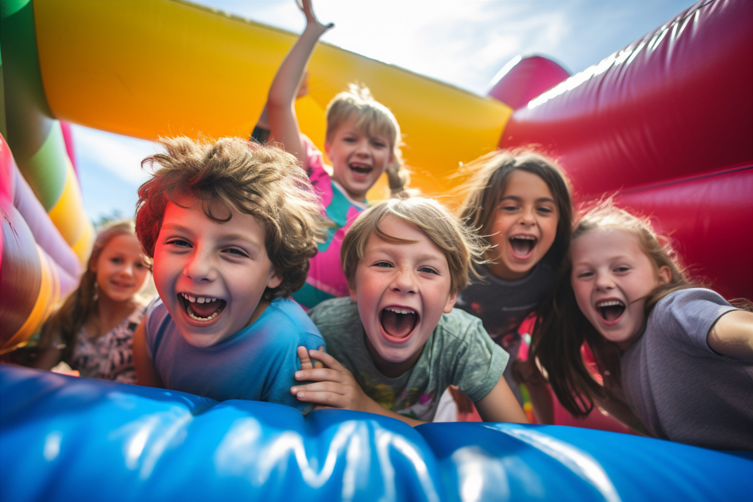 A group of children playing in a bouncy castle. Generative AI
